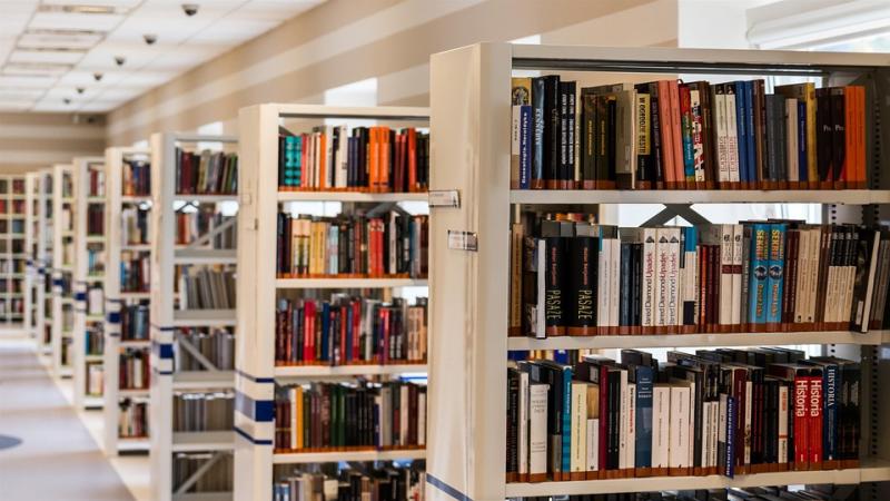 Dwoje uczniów czytających książki przy stole w bibliotece — zdjęcie ilustracyjne